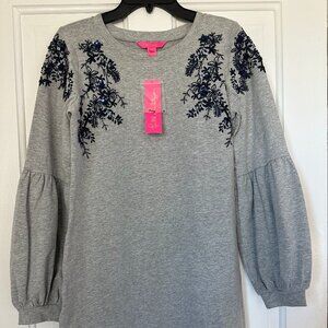 LILLY PULITZER NWT Sequin Gray Sweatshirt Dress Bartlett Beaded - Medium